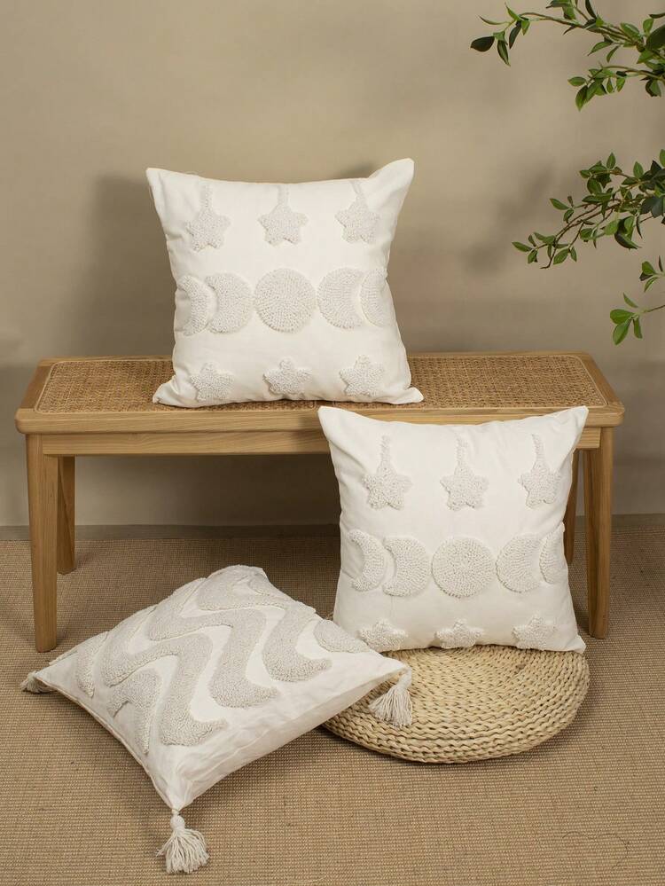 1pc White Lunar Eclipse Wave Line Pattern Throw Pillow Cover, Ramadan Festive Atmosphere, Boho Style Plush Embroidery Tassel Decor, Suitable For Living Room, Bedroom, Sofa, Daily Casual Scenes, All Seasons, 45*45cm (Inner Pad Not Included) - White - View 7