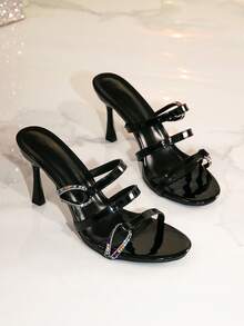 Women's Rhinestone Stiletto High Heel Sandals, New Open Toe Slip-On Fashion Strap Summer Sandals - Black - View 7
