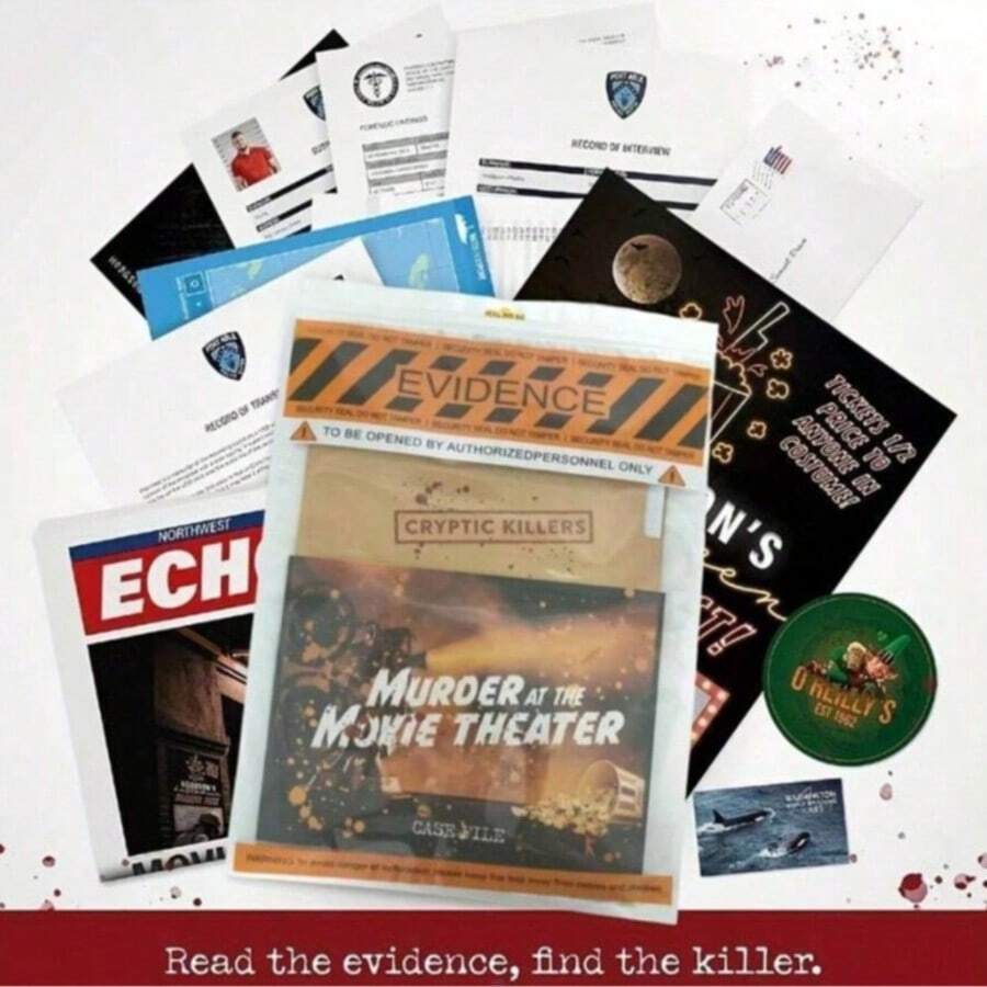 Unsolved Mystery Game 6 - | Movie Case - Detective Clues/Evidence - Crack The Case - Date Night And Party, 29 Pieces Of Evidence - You Will Find Newspaper Articles And Crime Scene Investigation Photos In The Case Files. Play As A Detective, Play Tricks, Analyze Crime Scenes, Paper Clues, Detailed Storytelling - Orange - View 1