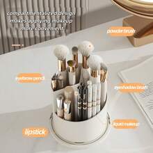 360° Rotating Makeup Brush & Toothbrush Organizer With Clear Dustproof Sliding Lid Multi-Grid Hidden Storage Box 3-Slot Varying Heights Waterproof Vanity Bathroom Countertop Holder Glass Dome Metal Base - trắng - Xem 3