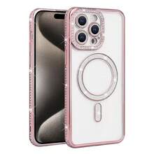 Hadaasi 1PC Women Girls Cute Bling Luxury Shiny Sparkle Shockproof Protective Cover 6.9", Pink Magnetic Glitter Diamond Compatible With IPhone 17 Pro Max Case[Compatible With Wireless Charging] Sparkle Rhinestone Camera Lens Protector Plated, Crtstal Clear Slim Military Drop Shockproof Cover - Pink - View 2