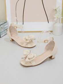Girls' Summer High Heel Sandals, Versatile Beige, Buckle Closure, Double-Layer Rhinestone Trim Bow, Square Toe, Suitable For School Performance, Princess Party - Beige - View 6