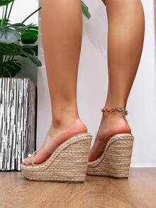 女士坡跟厚底凉鞋，2026夏季新款透明水钻搭扣编织坡跟厚底假日时尚凉鞋 - 杏色 - 查看 4