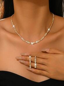 1pc Sparkling Crystal Rectangle Necklace & Earrings Jewelry Set, Copper Material, Suitable For Wedding, Party, Valentine's Day Gift - Gold - View 1