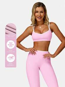 MFVIM 女士樱花粉撞色运动文胸瑜伽裤套装 - 白色滚边可爱露背 | 紧身透气，适合瑜伽、健身和户外运动 - 淺粉色 - 查看 6