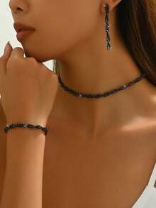1 Set V-Shaped Rhinestone Jewelry Set: 1 Necklace, 1 Pair Earrings, 1 Bracelet, Fashionable For Evening Party - Black - View 3