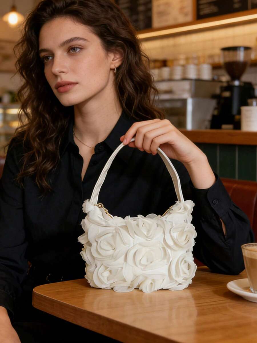 时尚3D立体花卉小众手提包，新款仙女包，旗袍包，百搭手拿包，晚宴包 - 白色 - 查看 1