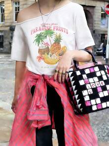 1pc Women's Summer Off-Shoulder Batwing Sleeve T-Shirt With Palm Tree, Tropical Fruit Pattern And English Letter Print, Suitable For Vacation, Office, Outing, Daily, Date, Party - White - View 5