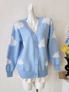 PUMPKIN Casual V-Neck Loose Cardigan, Women Floral Print Long Sleeve Beach Swimwear Sweet Preppy Style Valentine's Day Party Outwear - Blue and White - View 5