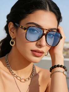 1pc Unisex Double Bridge Minimalist High-Quality Glasses, Suitable For Travel, Vacation, Casual, Party And Daily Wear - Leopard Frame Blue Piece - View 5