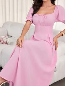Elegant Long Dress For Women, Square Neckline, Lantern Short Sleeves, Pleats, Back Tie, Solid Color, Suitable For Autumn Wear.Summer Dress Elegant Dresses For Party - Pink - View 8