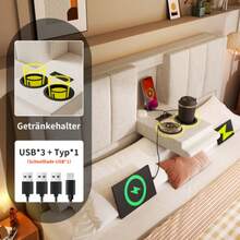Upholstered Bed 140x200 Cm Double Bed With Hidden Cup Holder & Charging Station, Hydraulic Bed With Storage Space Under The Bed, Incl. Slatted Frame, Linen Beige (With Mattress) - White - View 3