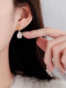 S925纯银镀层梨形大锆石耳钉，抗氧化低致敏，百搭女士饰品，生日及节日礼物，附赠首饰盒