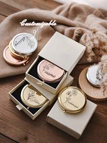 Customized Mirror, Personalized Mini Makeup Mirror, Pocket Makeup Mirror, Customized Name Birth Flower Bridesmaid Gift Mirror, Metal Material, Foldable, Compact And Portable, Mother's Day, Valentine's Day Gift, Bridesmaid Gift, Wedding Gift For Her, Mother's Gift, Wedding Party Gift - Multicolor - View 2
