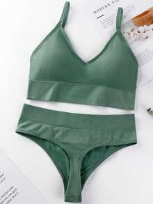 4 件套女士无钢圈加垫聚拢三角杯文胸套装带无缝运动背心和三角裤，纯色两件套女士 2 件套 - 彩色 - 查看 4