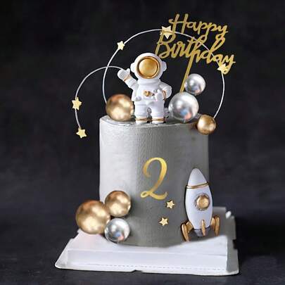 10pcs Astronaut, Planet, Rocket Grey & Gold Birthday Cake Decorations Set, Includes DIY Gold Stars, Happy Birthday Picks, Space Theme Party Supplies For Birthday, Gender Reveal, Graduation, All Occasions