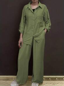 Thin Polo Collar Casual Cardigan, Versatile Solid Color Elegant Blouse Top Suitable For Beach, Daily, Commuting, Work, Shopping, Soft & Comfortable Fabric, Elastic Waist Loose Pants, 2-Piece Set, Spring/Summer/Autumn - Green - View 2