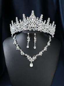 4件套优雅奢华水钻女王皇冠项链耳环新娘婚礼配饰套装，皇冠，头饰，头饰，发饰，花环 - 彩色 - 查看 8