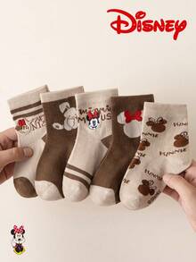 Disney 1/5 Pairs Mouse Embroidered Kids Crew Socks, Cute Beige & Brown Cartoon Spring Fall Socks For Girls - Multicolor - View 14