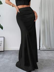 Chân váy chữ A dệt kim bóng mượt màu đen trơn thanh lịch VIVINA dành cho nữ, phù hợp cho mặc hàng ngày, hẹn hò, sân bay, phong cách đường phố, dự đám cưới, du lịch mùa hè và mùa xuân. - màu đen - Xem 7