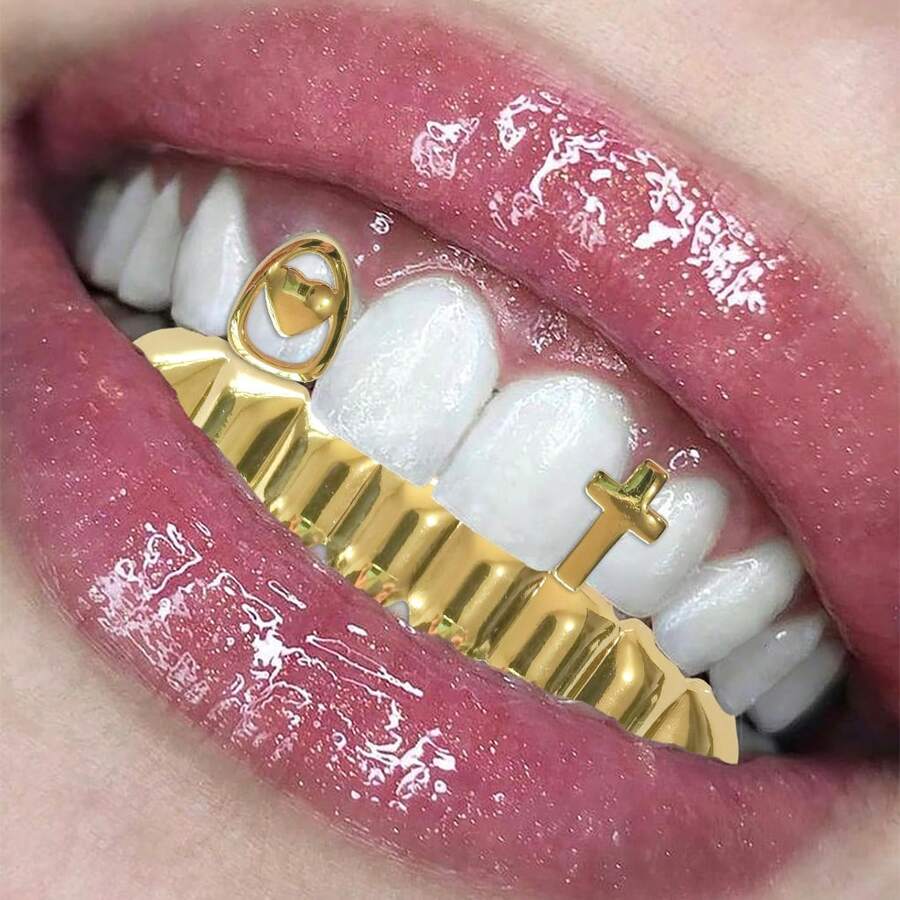1 Set Glossy Hollow Heart & Cross Tooth Grillz, Unisex Daily Wear Tooth Jewelry Accessories