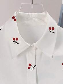 New Spring/Summer Slimming Versatile Sleeveless Fitted Collared Cherry Print Shirt For Women White - White - View 6