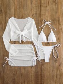 2025新款欧式保守四件套纯色V领长袖撞色网纱女士泳装度假沙滩白色夏季 - 白色 - 查看 6