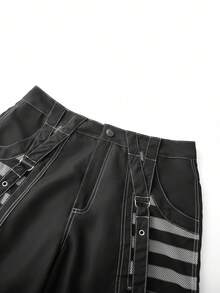 Jeans cargo de mujer, pantalones casuales sueltos con cierre de botón y cremallera a rayas, con bolsillos, estilo urbano - negro puro - Ver 8