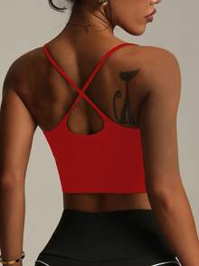 Women's Solid Color Wireless Criss-Cross Strap Fashionable Knit Sports Bra Spring - Red - View 2