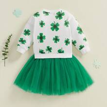2Pcs/ Set Toddler Baby Girl St Patricks Day Dress Outfit Shamrock Clover Long Sleeve Sweatshirt Tulle Tutu Skirt Dress Clothes 0-5Years (White And Green) - 杏色 - 查看 2