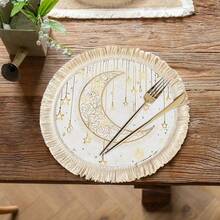 1/4/6pcs Middle East Festival Series Golden Crescent Moon With Vine Patterns & Hanging Golden Stars, Paired With Golden & Yellow Spots Linen Printed Tassel Placemats/Coasters, Elegant Ramadan Moonlight Round Placemats/Coasters, Polyester With Floral Border, Hand Washable - Ideal For Dining Tables - Multicolor - View 3