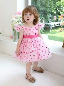Baby Girls Love & Cap Sleeve Mesh Tulle Princess Party Pink Dress, Elegant Birthday Gift Dress For Girls, Suitable For Birthday, Wedding, Holiday Celebration - Dusty Pink - View 6