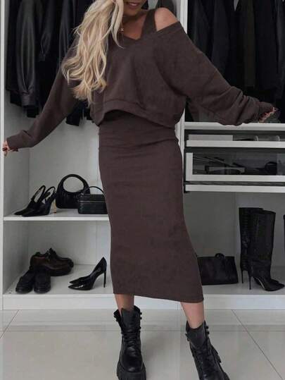2pcs Women Set: Solid Color Drop Shoulder Long Sleeve Sweatshirt And Sleeveless Dress