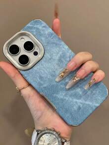 1 chiếc ốp lưng điện thoại cao cấp bằng vải denim và da mềm, phù hợp với 17 Air 16 15 14 Plus 13 12 11 Pro Max, khung chống sốc, ốp bảo vệ thương hiệu vải. - Màu xanh nhạt - Xem 3