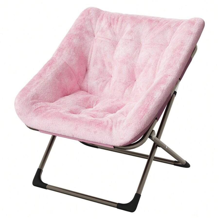 Silla Plegable Tipo Luna para Adultos, Sillón Lounge Cómodo con Estructura De Acero y Pelo Sintético Suave, Sin Montaje, para Salón, Dormitorio o Apartamento - Rosa con patas doradas 200 (color piel de conejo 8) sin reposapiés - Ver 1