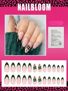 24 قطعة أظافر لوح طويلة بشكل اللوز لشهر رمضان، أظافر فرنسية بتصميم البرسيم الأخضر الداكن لعيد القديس باتريك، أظافر طويلة كاملة الغطاء لامعة، مجموعة أظافر صناعية تشمل: 1 قطعة غراء جيلي و 1 قطعة مبرد أظافر، سهلة الارتداء للاستخدام اليومي وتصميم الأظافر الفرنسية للنساء والفتيات - متعدد الألوان - مشاهدة 2