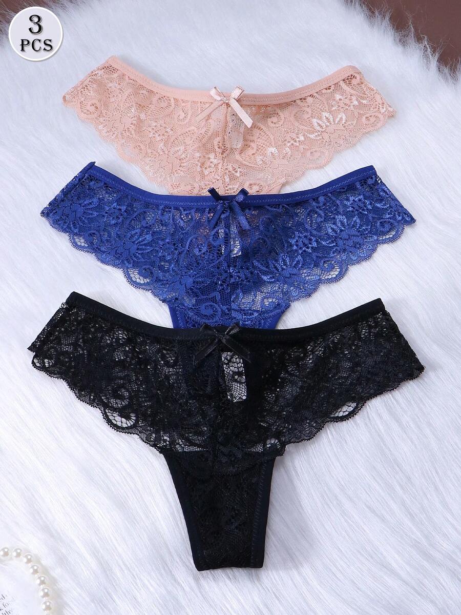 3Pcs/Set Sexy Lace Thongs Underwear Low-Rise Panties For Woman - Multicolor - View 1