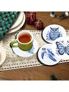 4pcs Colorful Printed Wooden Coasters - Coffee, Blue & White Floral Pattern, Suitable For Home Decor And Kitchen Use, Home Decor And Tabletop Protection Drink Mats - Perfect Holiday Gift Idea - Multicolor - View 9