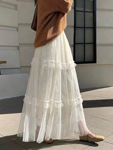 2026 Spring Women's High Waist Slimming Lace Embroidered Pleated Mesh Patchwork A-Line Skirt - Apricot - View 6