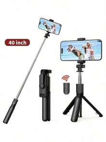 40-Inch Retractable Selfie Stick – Professional Floor Tripod For Live Streaming, With Wireless Remote, 360° Rotation, Stable Anti-Shake Design. Ideal For Travel Vlogs & Outdoor Live Streaming. Compatible With Smartphones Black For Summer Vacation, Travel, Outdoor Activities, Live Streaming Tripod Stand - 黑色 - 查看 1