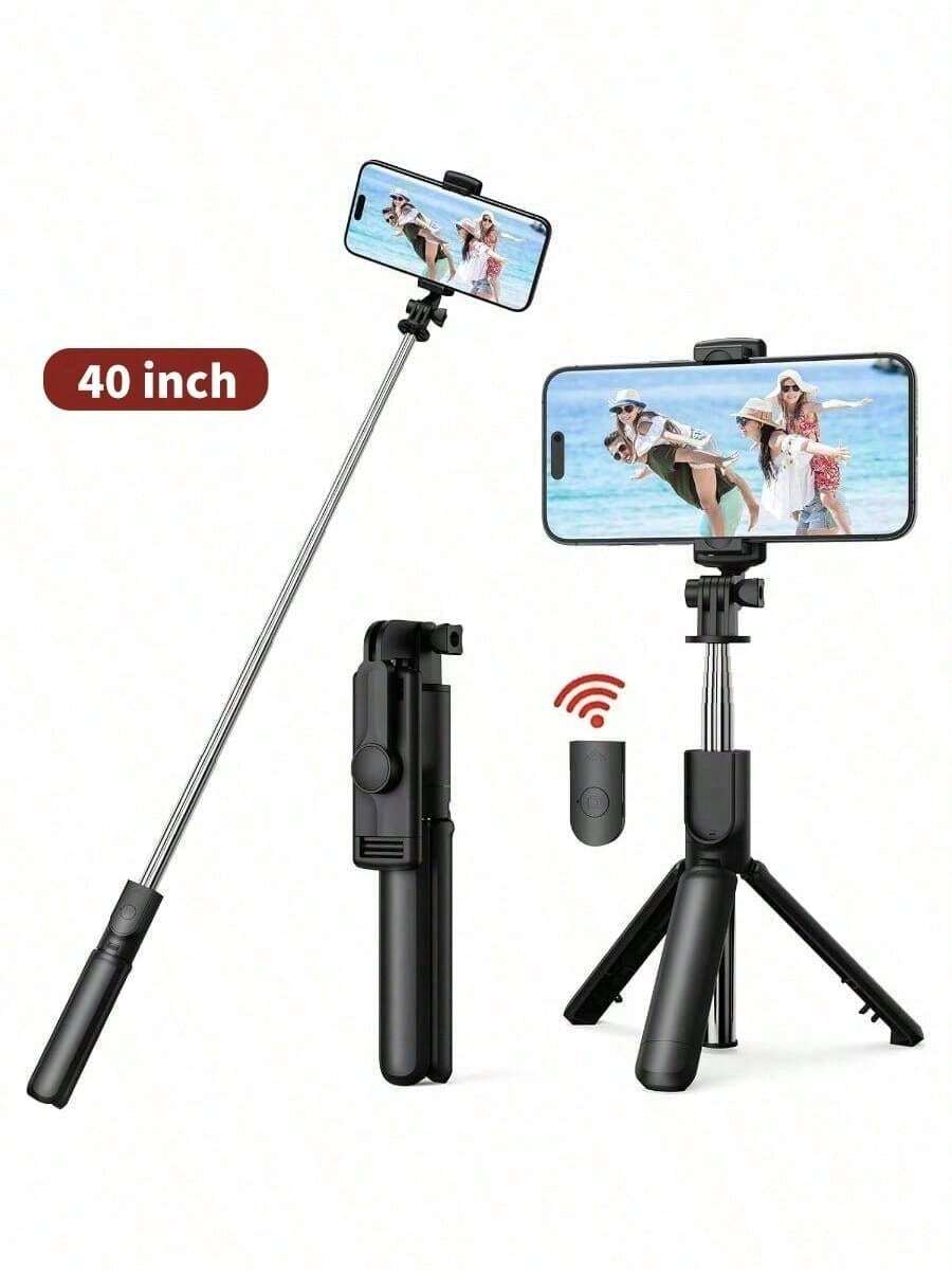 40-Inch Retractable Selfie Stick – Professional Floor Tripod For Live Streaming, With Wireless Remote, 360° Rotation, Stable Anti-Shake Design. Ideal For Travel Vlogs & Outdoor Live Streaming. Compatible With Smartphones Black For Summer Vacation, Travel, Outdoor Activities, Live Streaming Tripod Stand - 黑色 - 查看 1