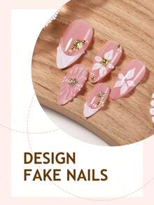 24pcs Almond-Shaped French Manicure Nail Stickers, Decorated With 3D Floral, Golden Starfish, Shell Details, And Faux Pearl Accents, Glossy Nude Pink Color, Elegant And Suitable For Everyday And Special Occasions Press On Nails - Multicolor - View 3