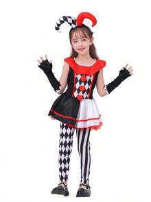 4pcs/Set Girls' Circus Clown Plaid Dress, Pants, Gloves And Headpiece, Children's Carnival Performance Costume - Multicolor - View 7