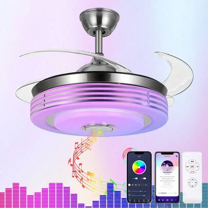 Ceiling Fan With 7 Colorful Light And Remote Control , 42 Inch Modern Invisible Retractable Chandelier Fans With 3 Speed And Play Music Fix For Dining/Living Room