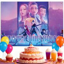 Toile de fond pour fête d'anniversaire sur le thème de HUNTRX K-Pop, avec impressions de personnages (design de groupe et individuel), grand rideau de fond photo, décoration de style K-Pop pour célébration, convient pour anniversaire, Nouvel An, Saint-Valentin, Thanksgiving et fête de fans de K-Pop - Multicolore - Voir 3