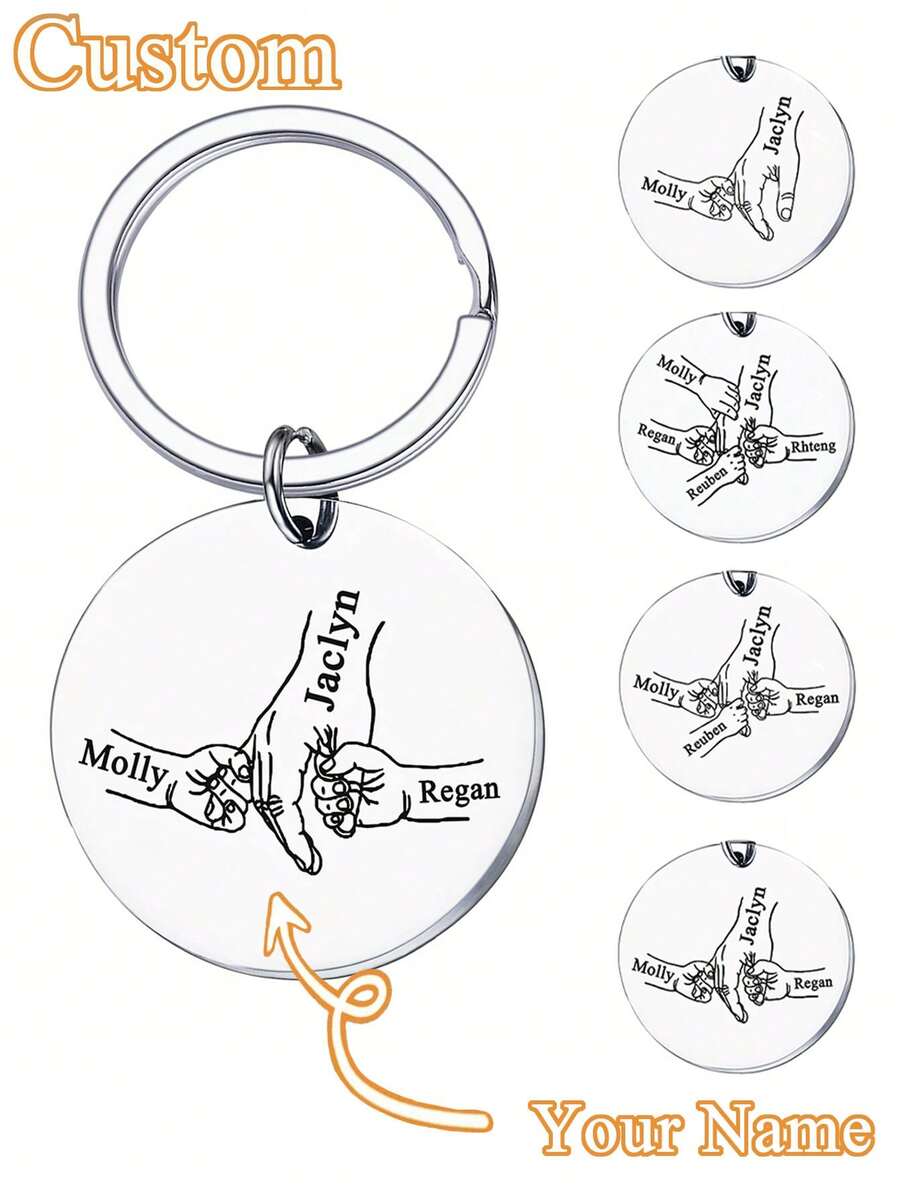 1pc Personalized Stainless Steel Family Surname Keychain, Customized Name Engraved Heart Shaped Gift, Suitable For Father's Day, Mother's Day Or Special Occasions, Customized Name Option, Minimalist Style Family Gift, Suitable For Men And Women, Customized Name Round Pendant Keychain, Pet Accessories Gift, Stainless Steel Jewelry, Couple Gift, Valentine's Day Gift, Birthday Gift, Anniversary Gift - Multicolor - View 1