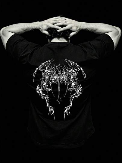 男士新款休闲运动T恤 - 轻盈舒适，深色系天使翅膀与圣剑图案印花，适合外出、与朋友聚会、户外旅行、运动穿着、日常休闲T恤、健身服，男士T恤