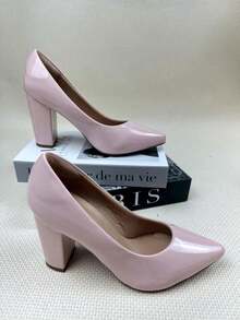 Women's Patent Leather High Block Heel Pump (9.5 Cm) Elegant And Comfortable Winter 2026 Black, Red, Nude, Pink, Blue, , Pink - Màu Hồng baby - Xem 2