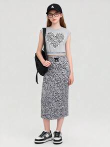 13-16岁少女豹纹爱心印花两件套，无袖豹纹爱心图案上衣和豹纹迷你裙套装 - 灰色 - 查看 4