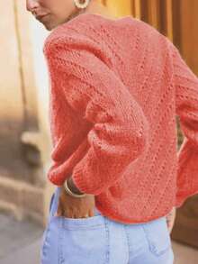 新款纯色开衫长袖针织毛衣外套，秋冬款 - 玫瑰紅 - 查看 3